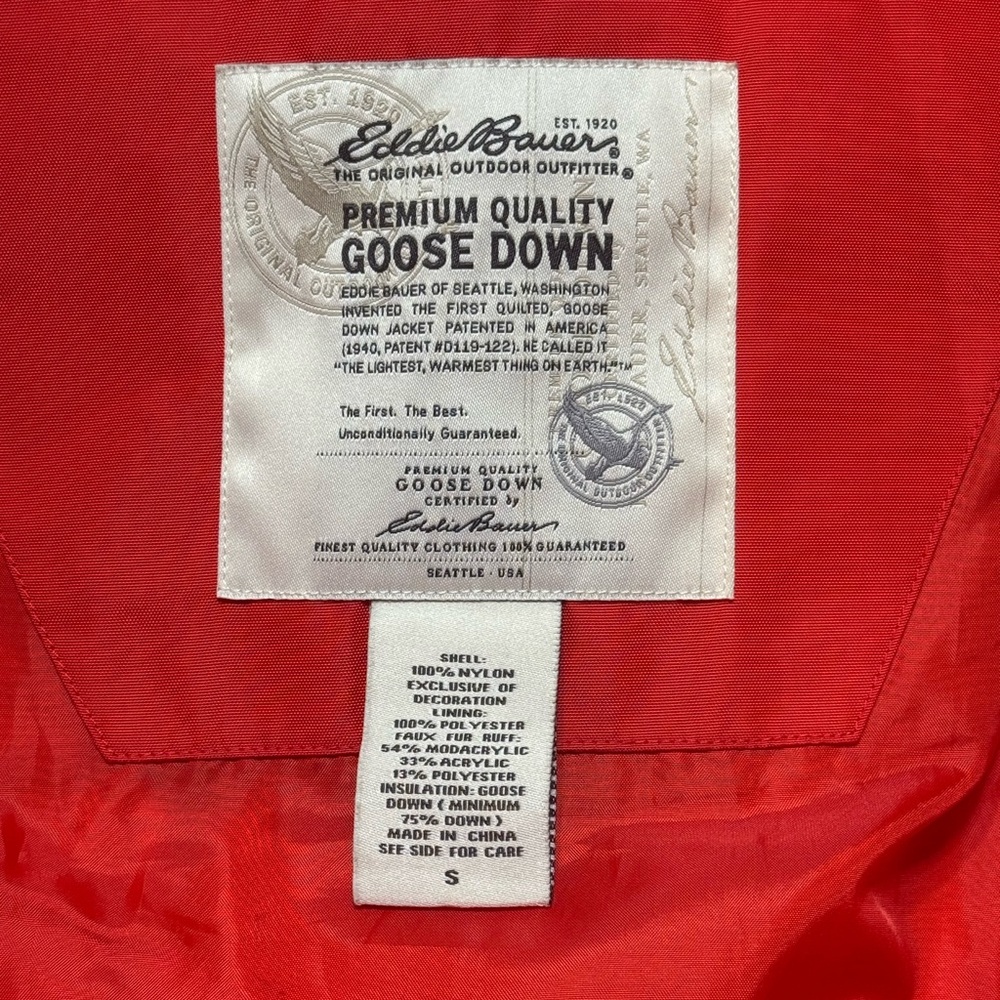 🎉HP🎉 Eddie Bauer Womens Red Orange Goose Down Puffer Vest Faux Fur Hood Size S - Picture 4 of 6